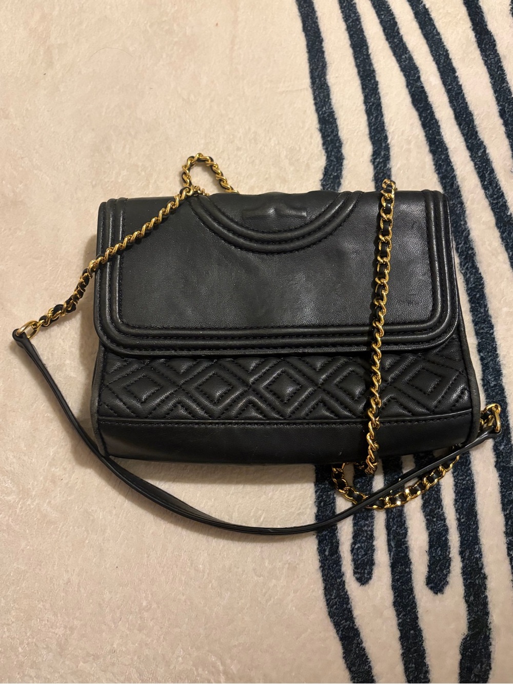 Tory Burch Black Quilted Leather Crossbody with Gold Chain